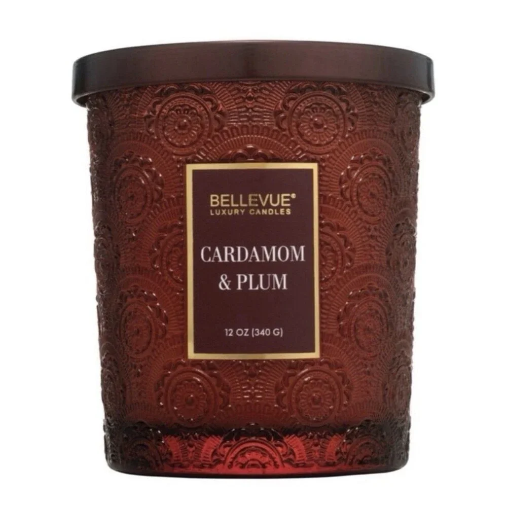 Bellevue Candle Cardamom & Plum Bergamot Embossed Red Soy Blend 2 Wick 12 Oz New